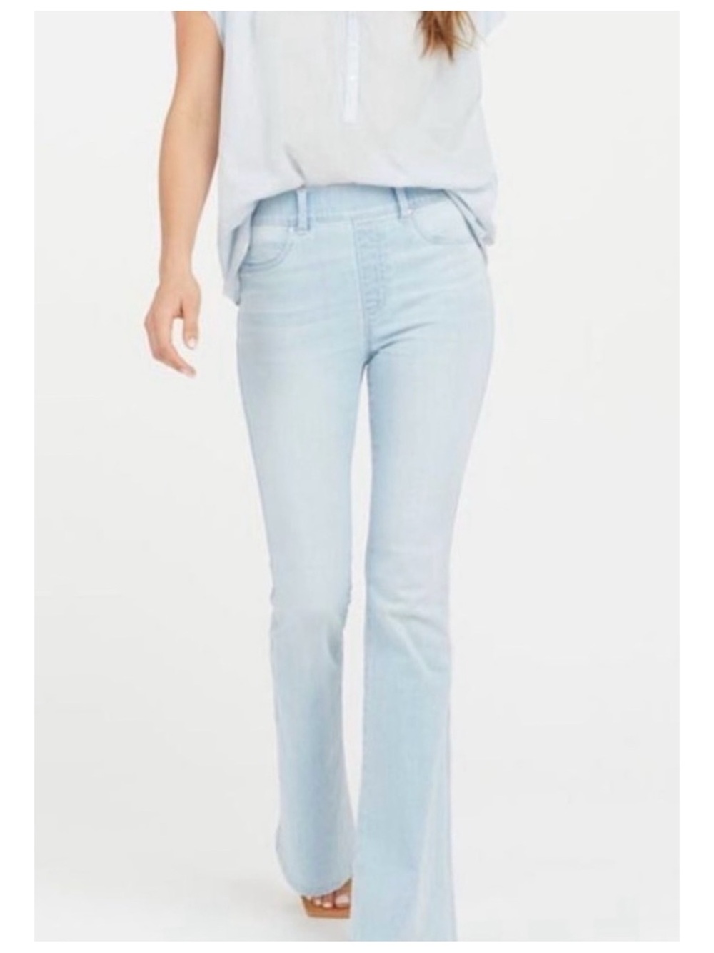Spanx Pull On Light Wash High-Rise Flare Jeans Women's XL Light Blue Boho